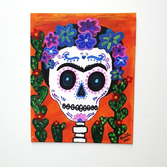 Frida Kahlo Sugar Skull 4 Acrylic Painting - Picture 2 of 8